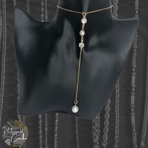 Gold Rhinestone and Pearl Y Necklace